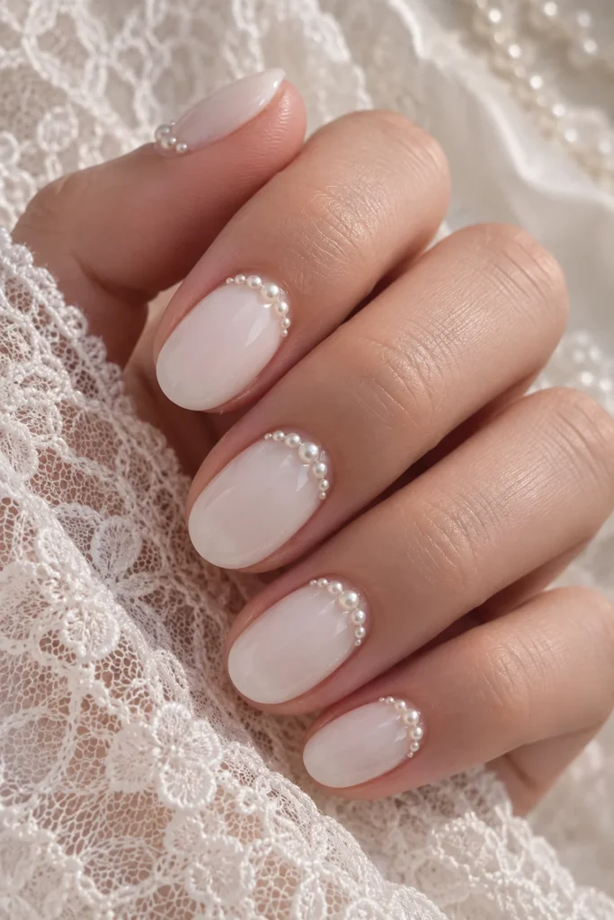 White nails decorated with tiny pearl accents