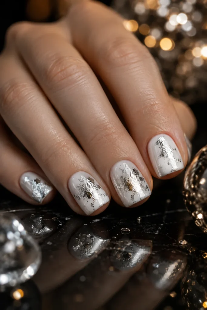 White nails with silver foil accents