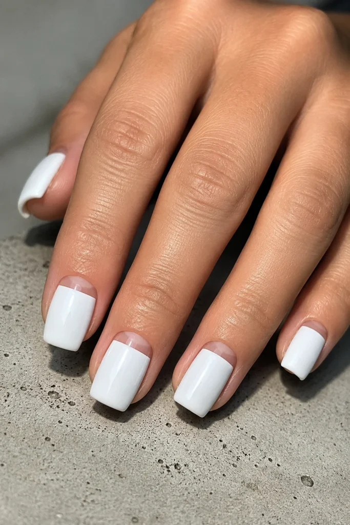 White square nails with modern negative space near the cuticle