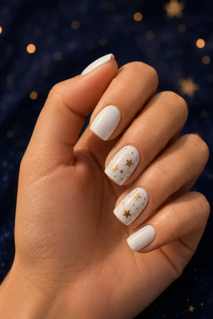 White graduation nails featuring tiny metallic star accents