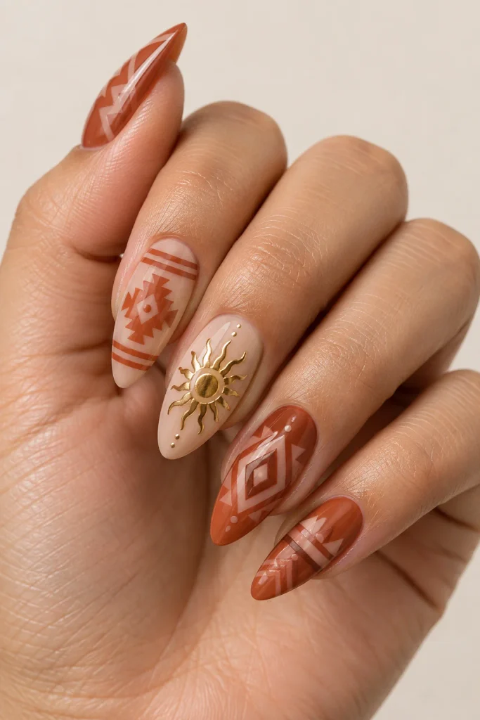 Aztec sun Mexican nail ideas with gold geometric details