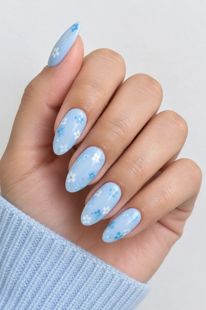 Baby blue almond nails with tiny forget-me-not flowers