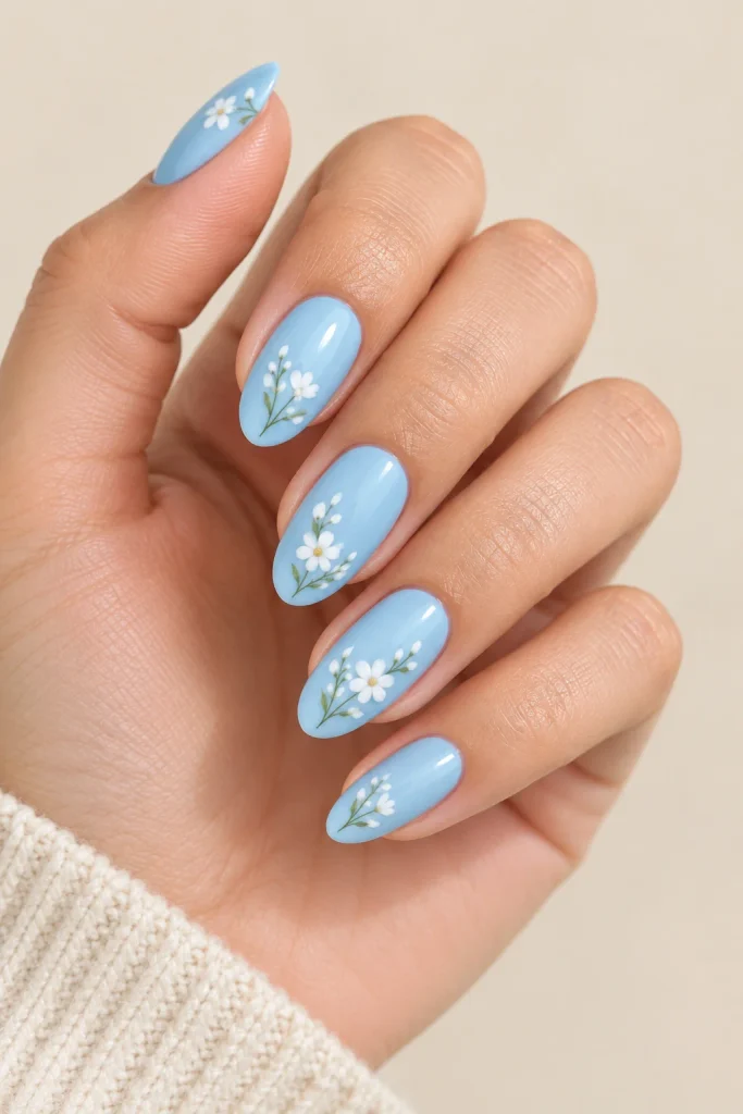 Baby blue nails with delicate white floral artwork