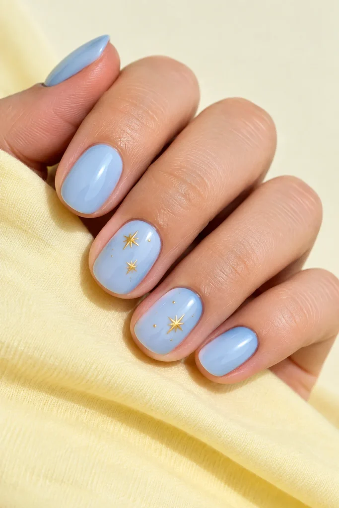 Baby blue nails decorated with tiny gold stars