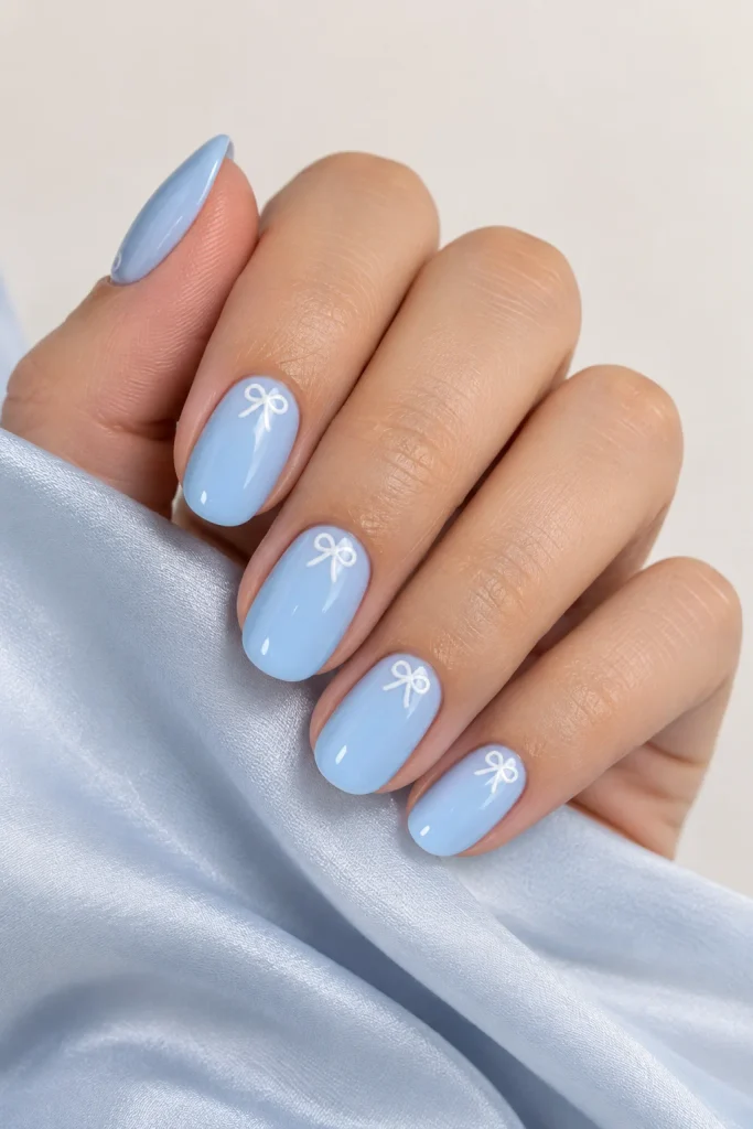 baby blue nails with tiny bow nail art
