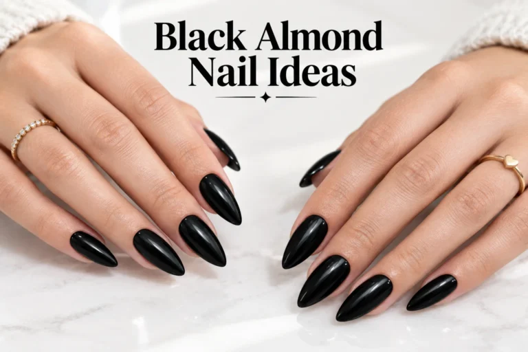 Black almond nails with elegant modern designs