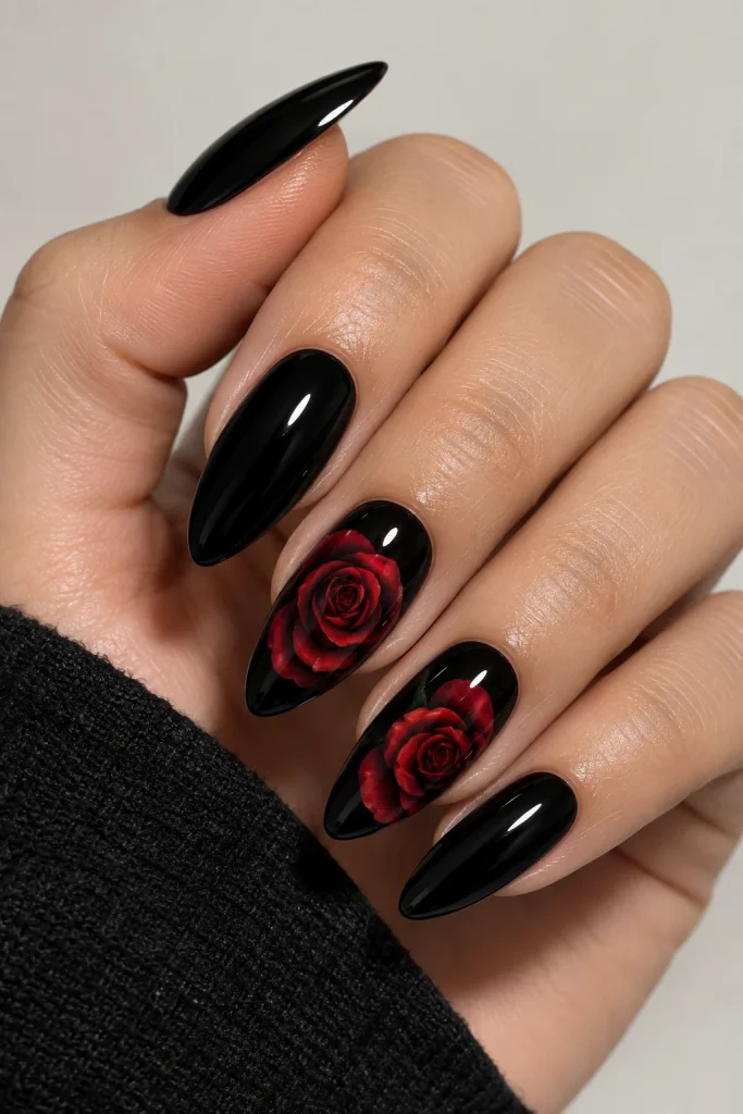 Black almond nails decorated with bold red roses