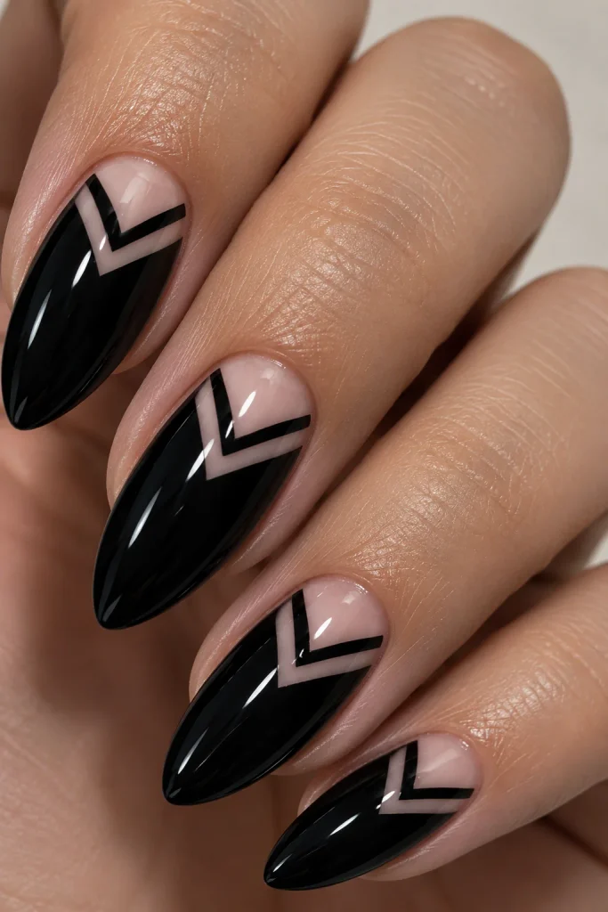 Black almond nails with negative space design