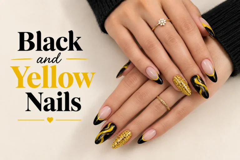 Black and yellow nails with elegant modern designs