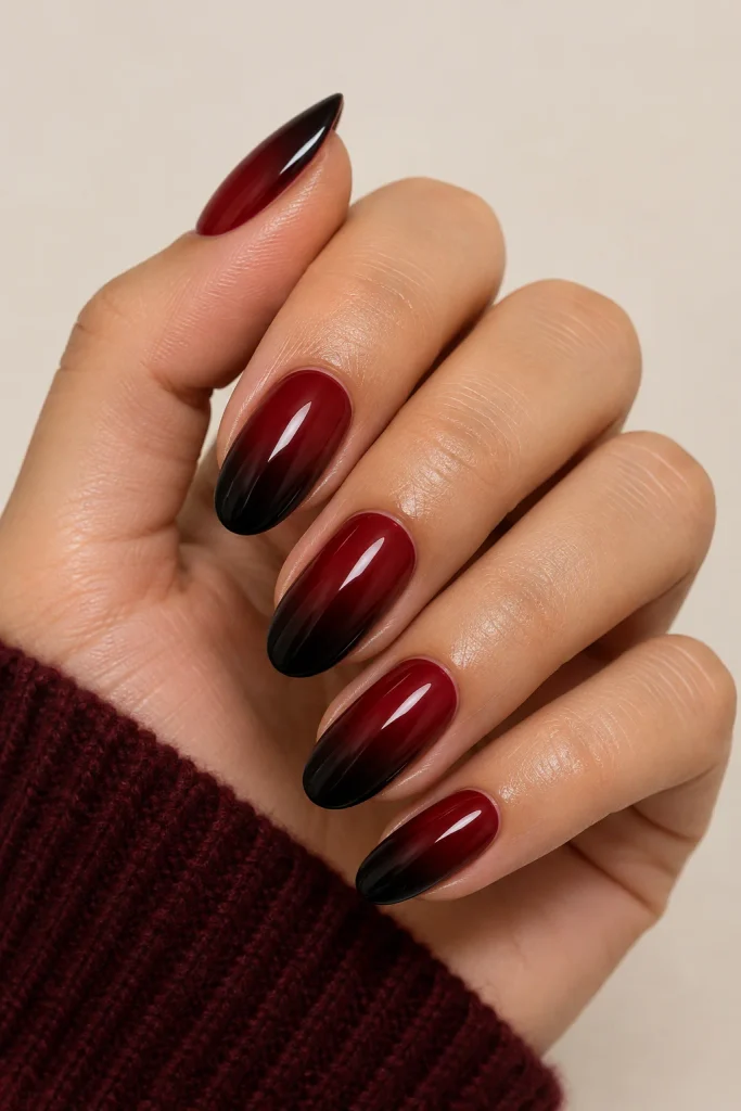 Black and deep red ombre oval nails