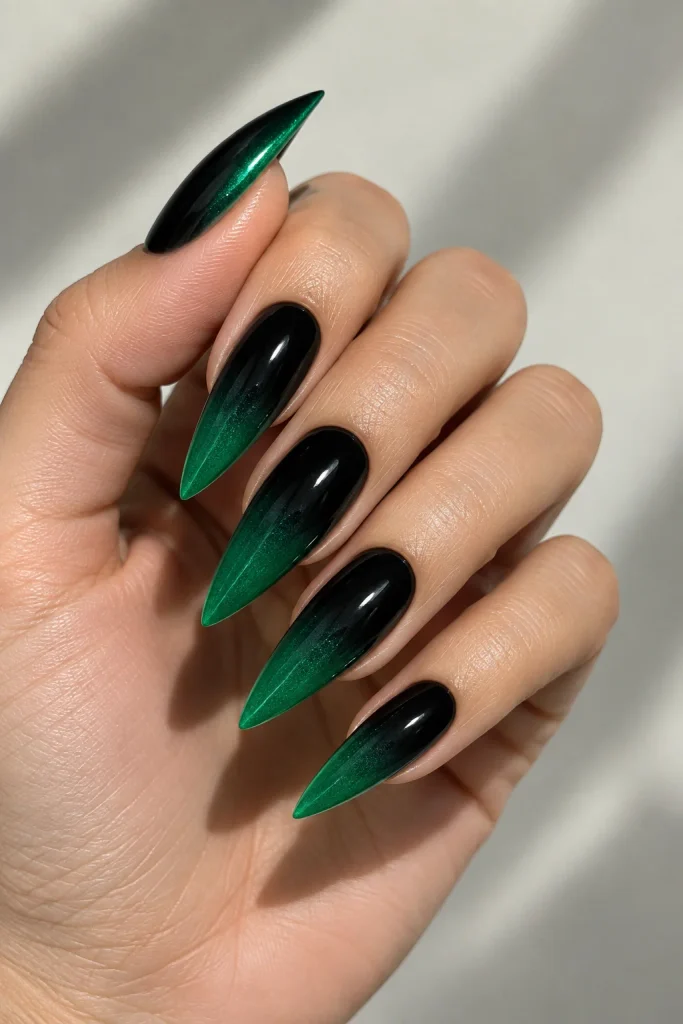 Black and emerald green ombre almond nails