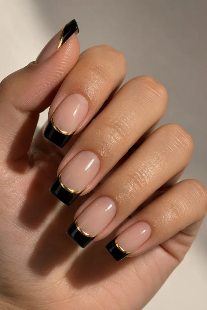 Black French tips with gold chrome accent on square nails
