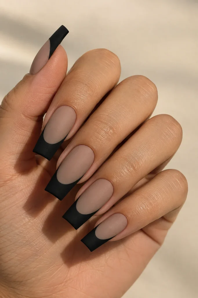 Matte black French tip design on square nails