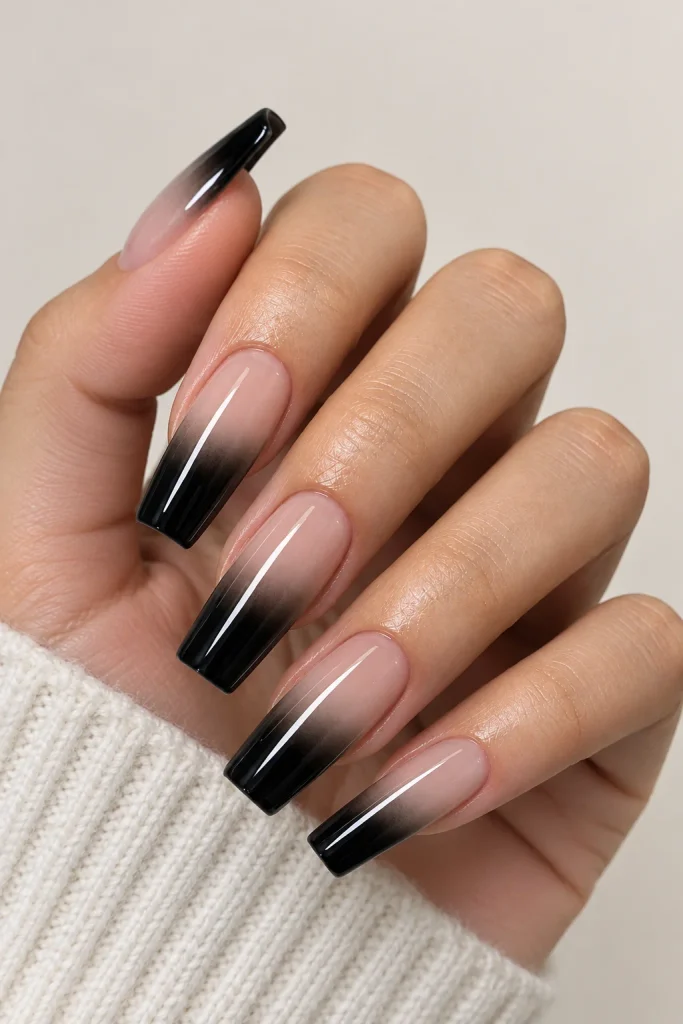 Black French tip ombre fade on long square nails