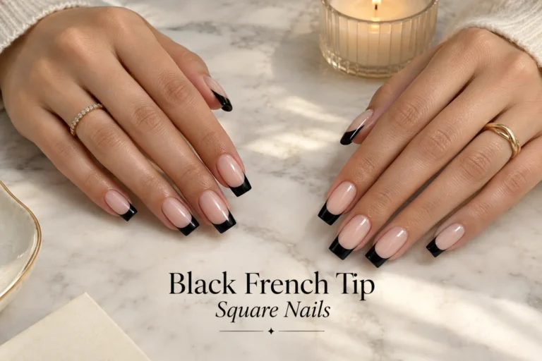 Black French tip square nails in bold timeless designs