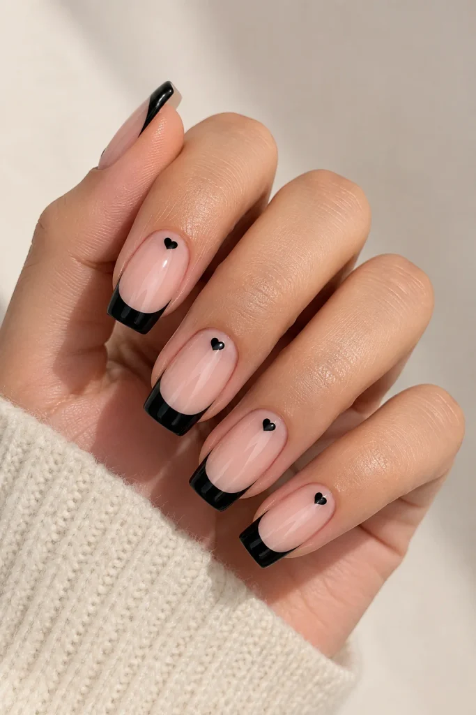 Black French tips with tiny heart accents on square nails
