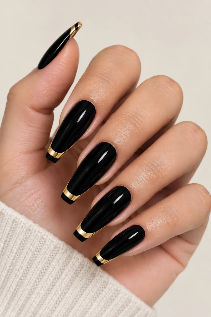 Black and gold double French tip evening nails