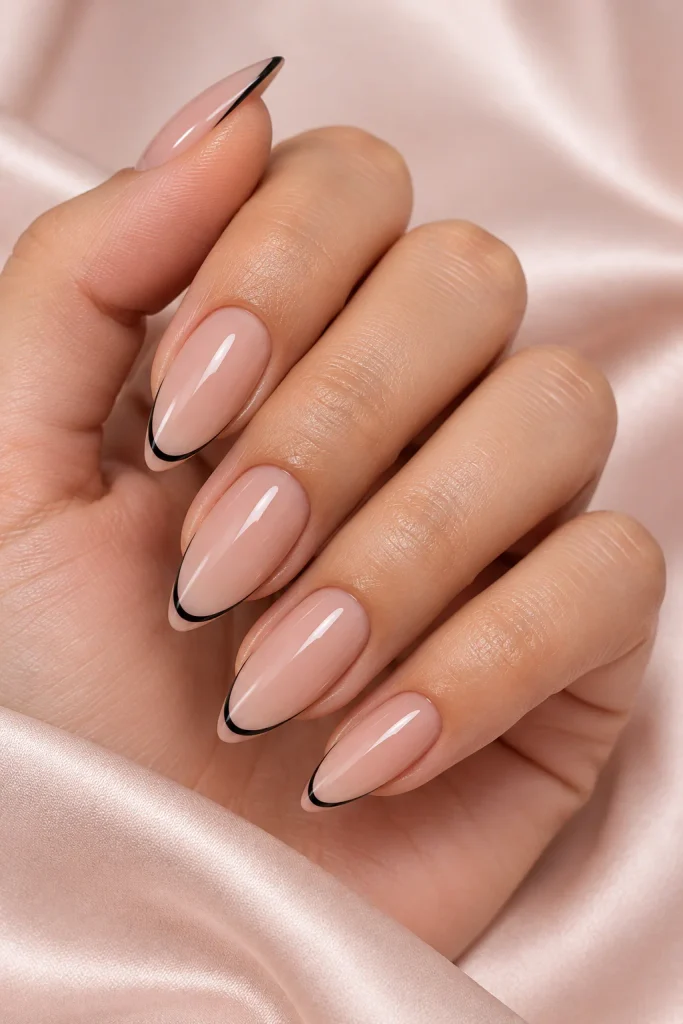 Neutral nails with thin black French tip lines