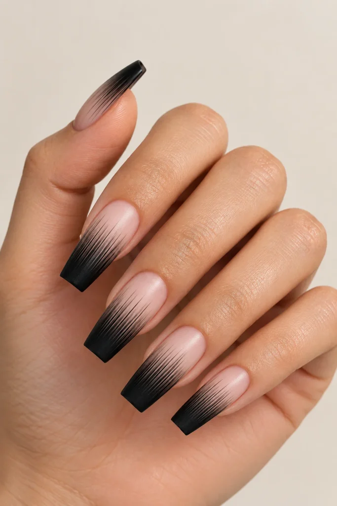 Black line ombre fade design on long nails