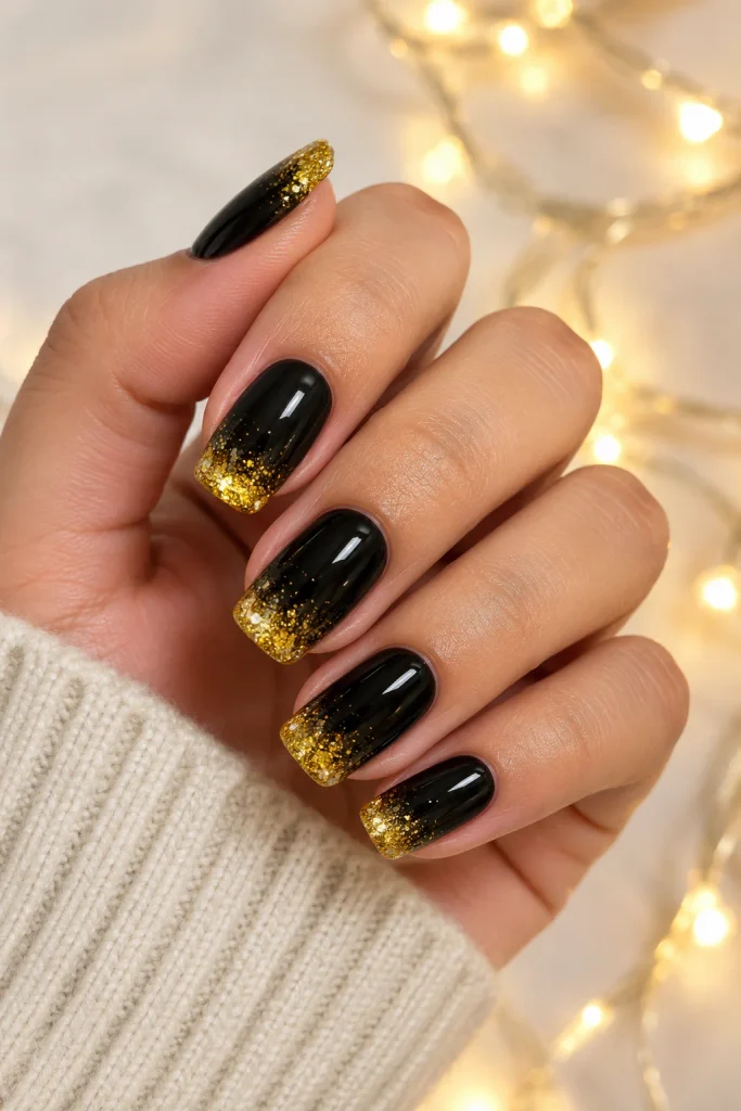 Black nails featuring sparkling yellow glitter tips