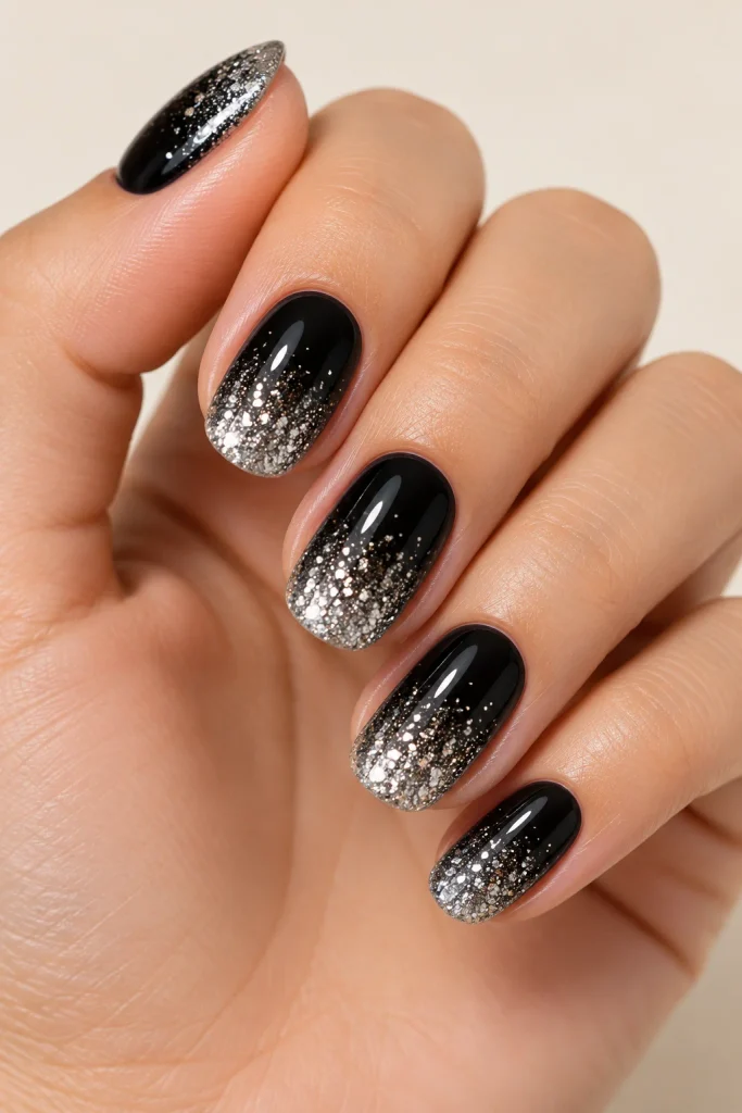 Black ombre nails with silver glitter tips