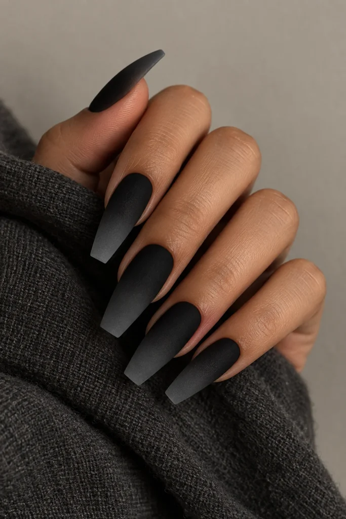 Black velvet matte ombre coffin nail design