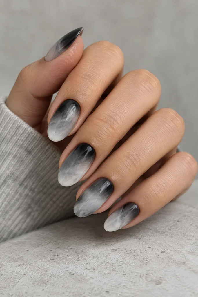 Black white smoky ombre almond nail design