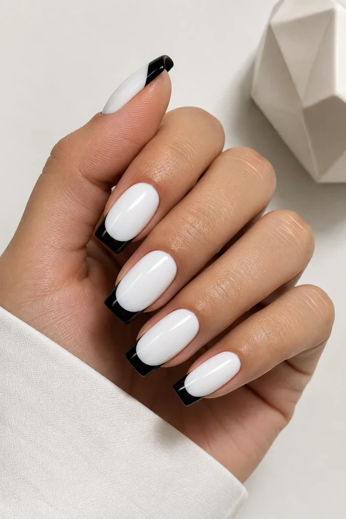 Black and white two tone French tip nails