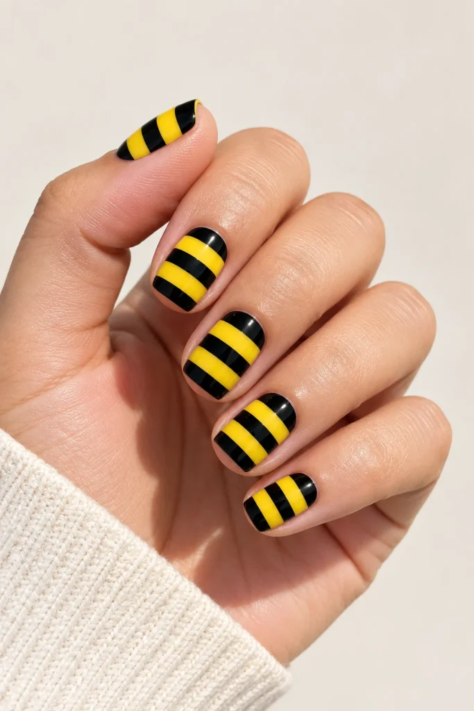 Black and yellow striped bumblebee inspired nails