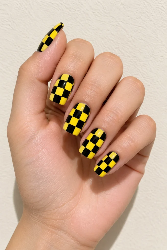 Black and yellow checkerboard pattern on square nails