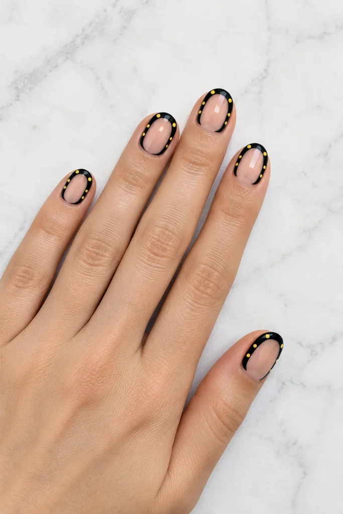 Black negative space nails with yellow dot accents