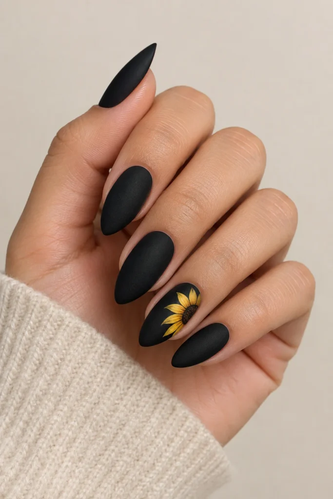 Matte black nails with yellow sunflower accent