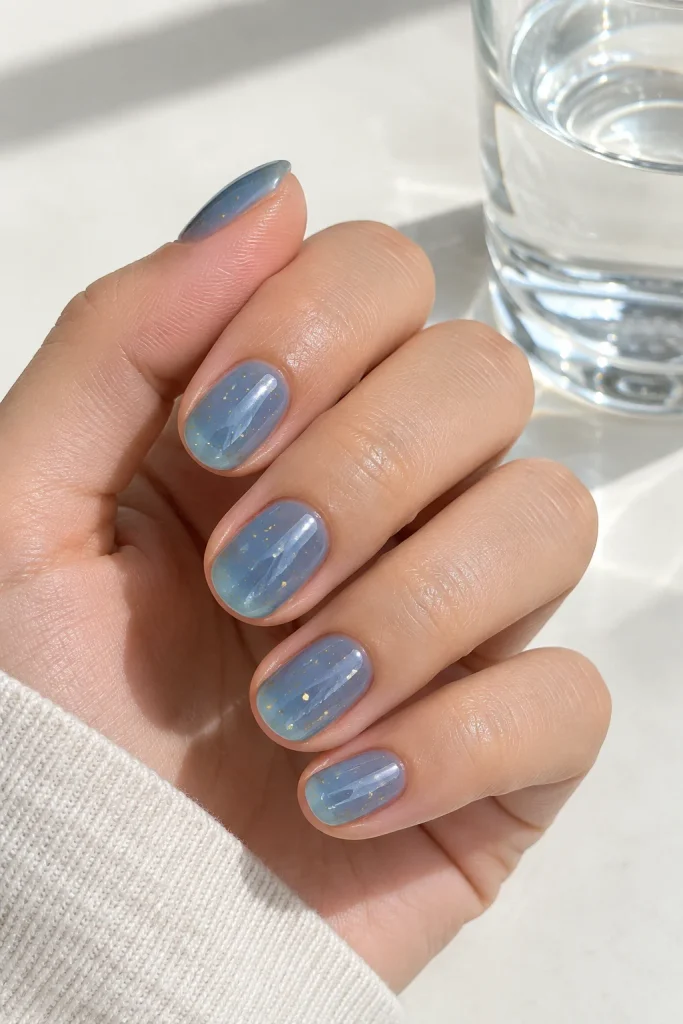 Blue jelly nails decorated with tiny gold flecks