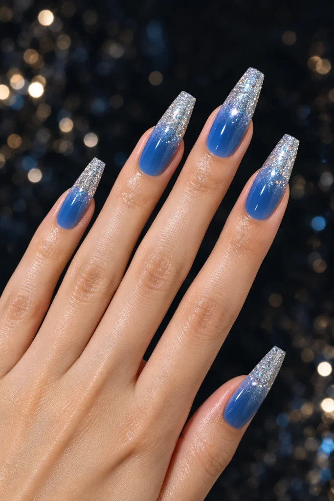 Blue and silver glitter ombré winter nails
