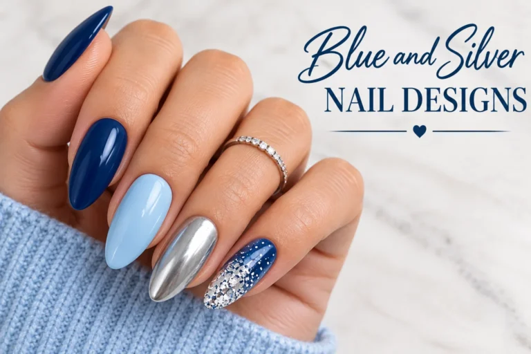 Blue and silver nail designs with elegant glamorous finishes