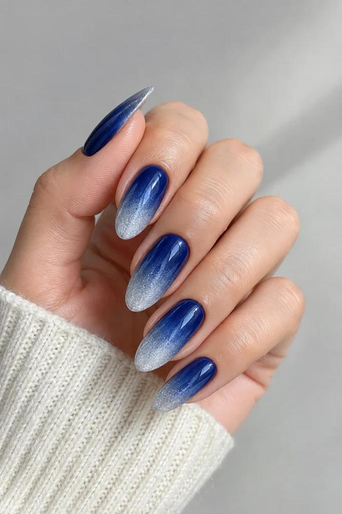 Blue and silver ombre gradient nail design