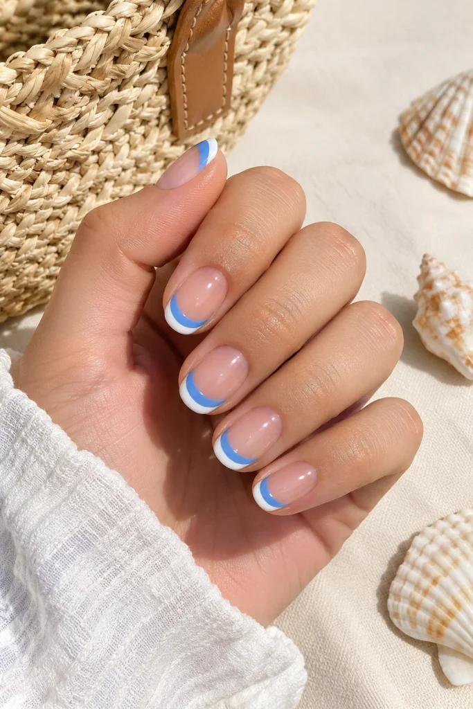 Blue and white double French tip coastal nails
