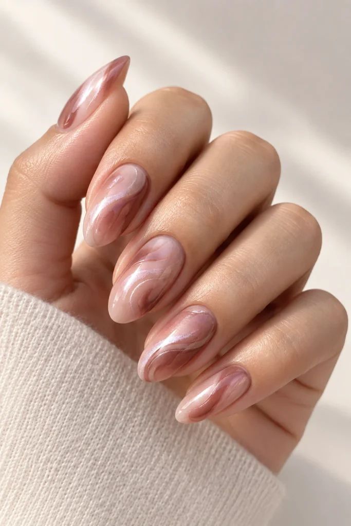 Blush and rosy brown swirl nails with milky glazed finish