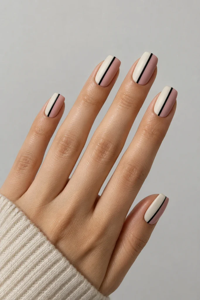 Bold black split line manicure with cream and pastel