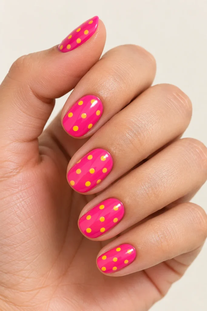 Bright pink nails decorated with yellow polka dots