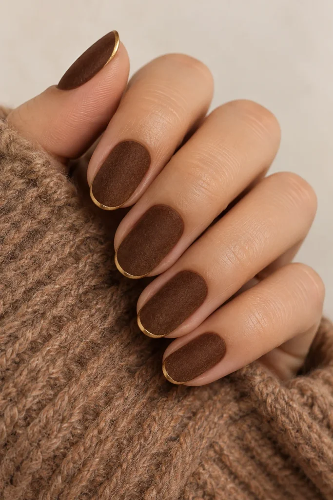 Bronze brown velvet nails with thin gold accents