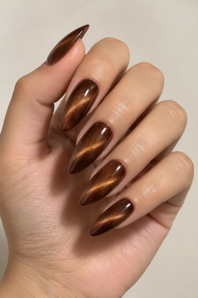 Brown bronze ombre cat eye nails with magnetic shine
