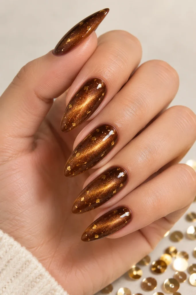 Brown cat eye nails decorated with delicate gold foil
