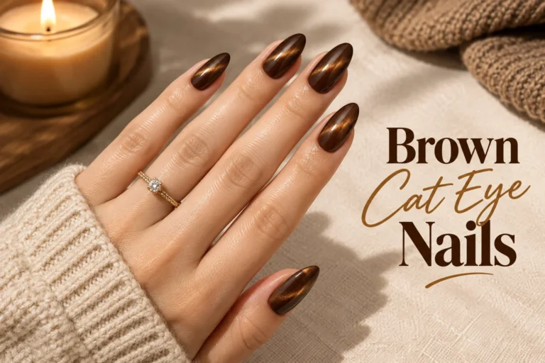 Brown cat eye nails with rich elegant magnetic shimmer