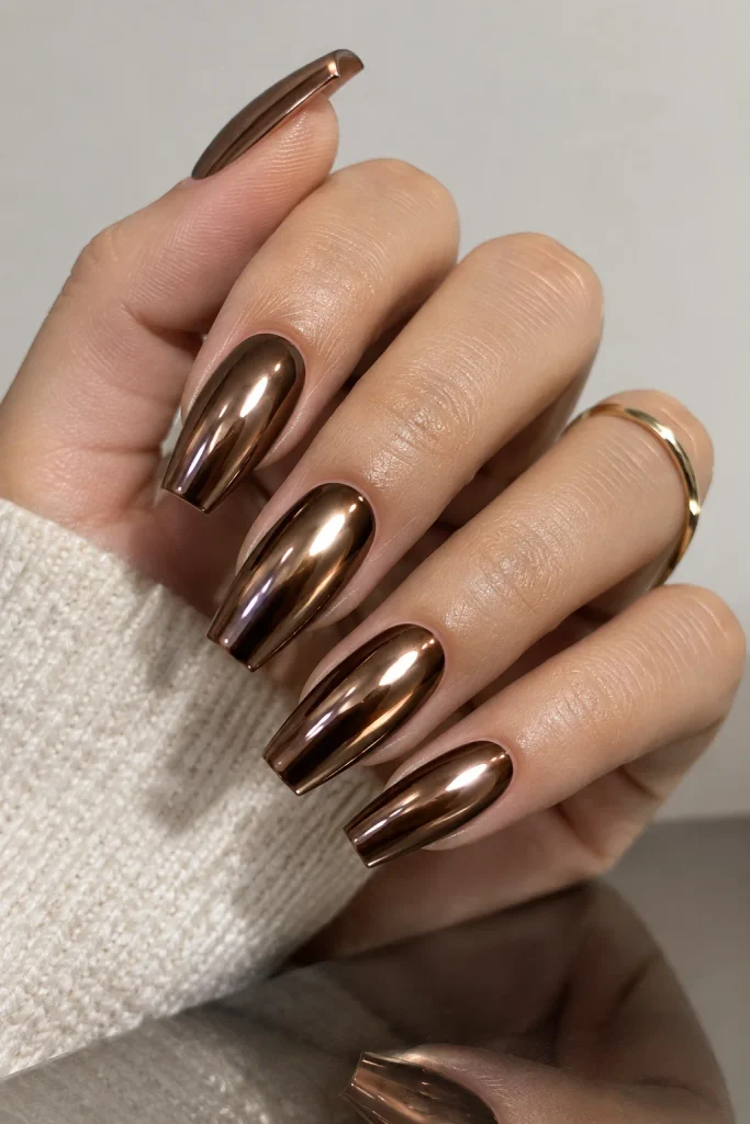 Brown chrome nails with reflective cocoa finish