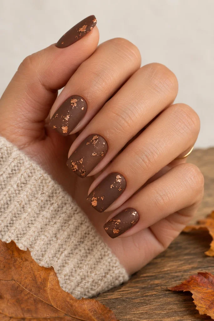 Brown nails with tiny copper foil flecks