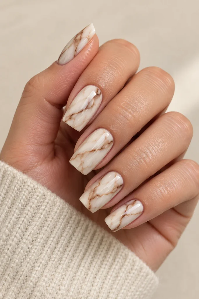 Brown and cream marble square nails with soft swirls