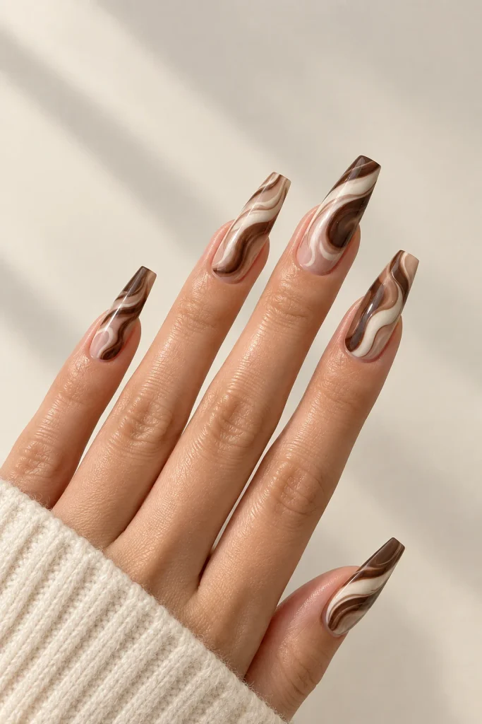 Brown and cream swirl almond nail design