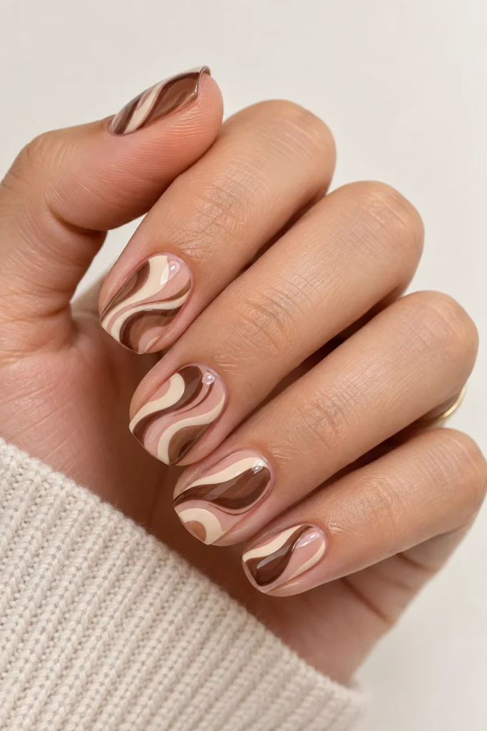 Short brown and cream nails with swirl patterns