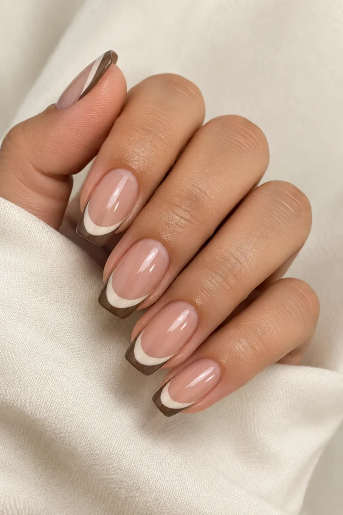 Brown and cream two-tone French tip manicure